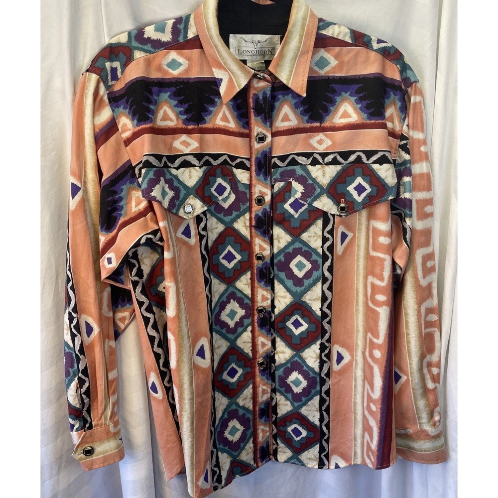 VTG Longhorn Cowboy Rodeo Western Aztec Button Shirt Men Medium Niver Western